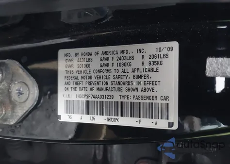 2010 Honda Accord 2.4 Ex из США, поврежденный, VIN 1HGCP2F74AA031239